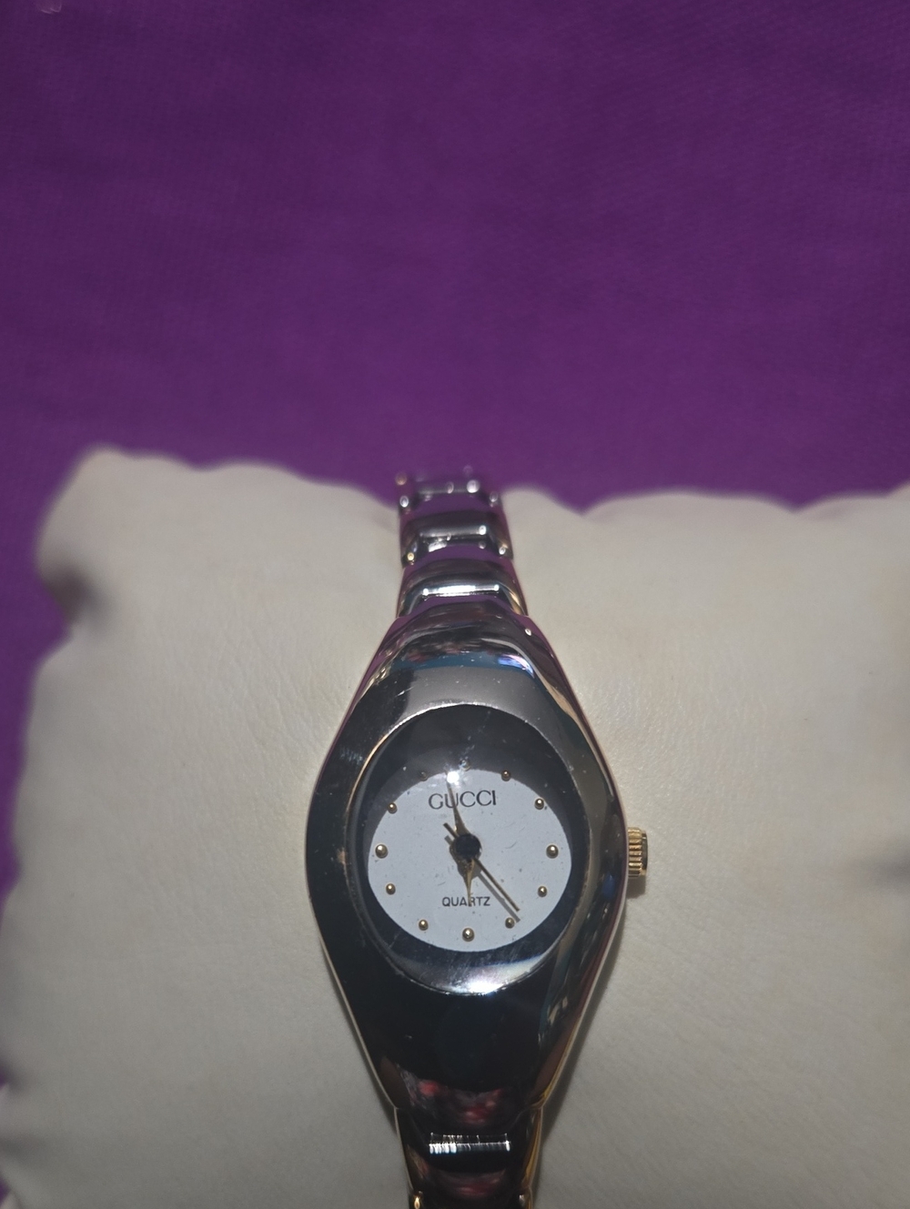 Gucci Silver-Tone Bracelet Watch with White Dial and Gold Accents